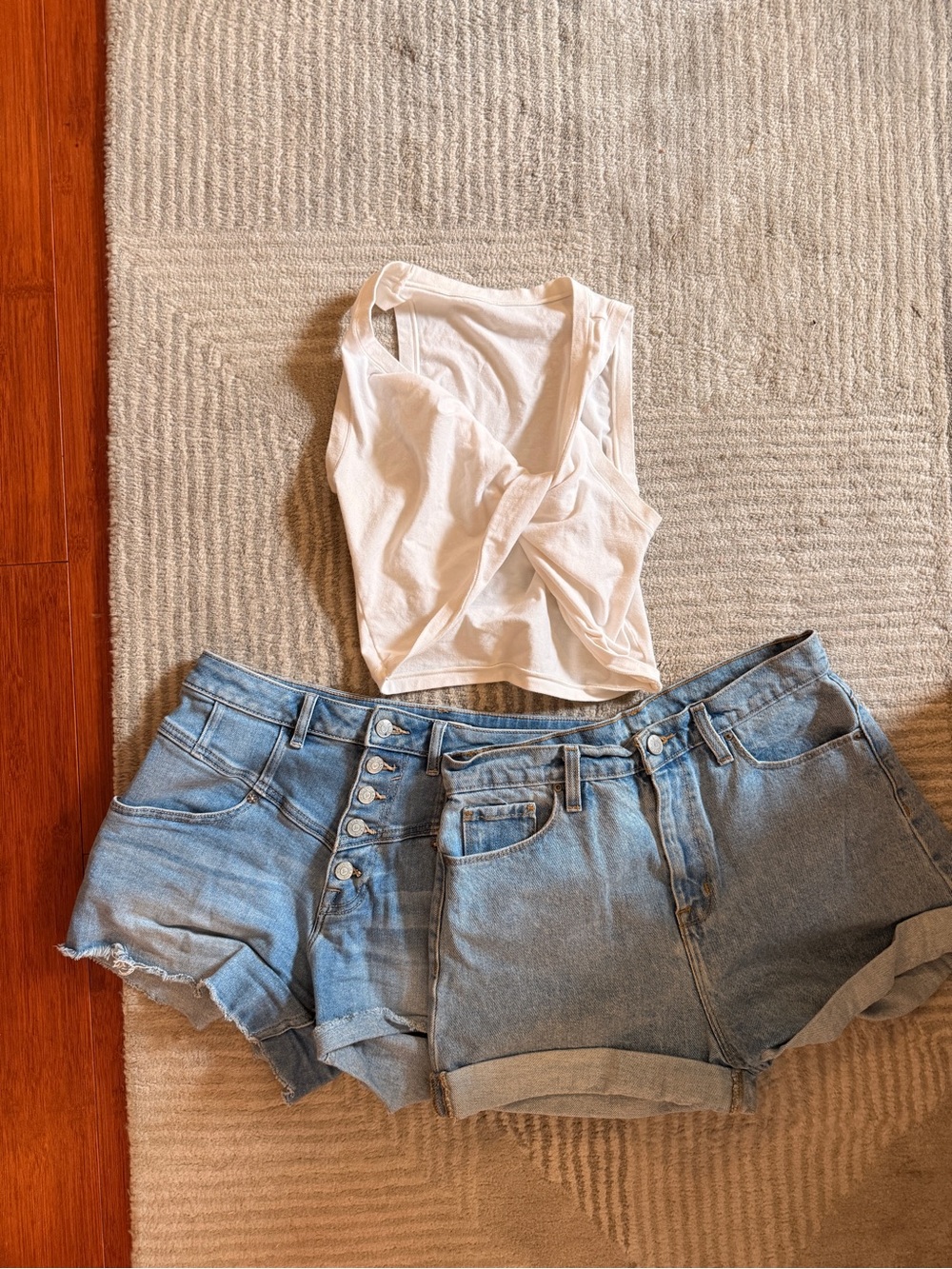 Thre Piece Bundle: Skims White Twist-Front Tank Top + Jean Shorts